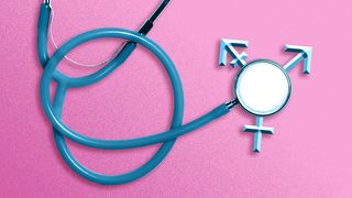 Illustration of a stethoscope with a transgender icon on the chest piece.